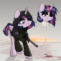 Size: 2560x2560 | Tagged: safe, artist:minekoo2, twilight sparkle, alicorn, pony, g4, blood, clothes, eyepatch, female, folded wings, gas mask, gun, high res, hood, hoodie, horn, lidded eyes, mask, outdoors, rifle, s.t.a.l.k.e.r., short mane, sun, twilight sparkle (alicorn), weapon, wings