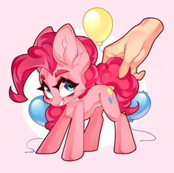 Size: 1913x1909 | Tagged: safe, artist:cypmr, artist:minekoo2, pinkie pie, earth pony, human, pony, g4, balloon, big ears, catchlights, circle background, curly mane, cute, disembodied hand, hand, pink background, simple background, smiling, solo focus, tail, tail pull