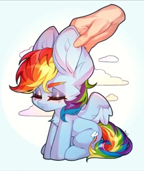 Size: 1595x1899 | Tagged: safe, artist:cypmr, artist:minekoo2, rainbow dash, human, pegasus, pony, g4, big ears, blushing, chibi, cloud, disembodied hand, ear cleavage, eyes closed, hand, impossibly large ears, multicolored hair, rainbow hair, sitting, solo focus, spread wings, wings