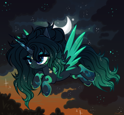Size: 3832x3576 | Tagged: safe, artist:justsadluna, oc, oc only, alicorn, pony, alicorn oc, colored wings, crescent moon, eyelashes, female, flying, high res, horn, mare, moon, outdoors, solo, two toned wings, wings
