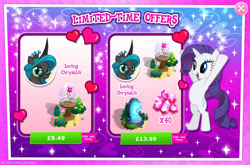 Size: 1958x1295 | Tagged: safe, gameloft, queen chrysalis, rarity, changeling, changeling queen, pony, unicorn, g4, my little pony: magic princess, putting your hoof down, advertisement, bipedal, bush, costs real money, crack is cheaper, crown, english, female, flower, gem, glasses, holiday, horn, jewelry, mare, mirror universe, mobile game, numbers, regalia, reversalis, sale, stock vector, text, valentine's day