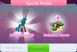 Size: 1272x860 | Tagged: safe, gameloft, queen chrysalis, changeling, changeling queen, g4, my little pony: magic princess, bundle, bush, costs real money, crown, english, female, flower, glasses, horn, jewelry, mirror universe, mobile game, numbers, regalia, reversalis, sale, solo, spread wings, text, wings