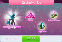 Size: 1270x852 | Tagged: safe, gameloft, queen chrysalis, changeling, changeling queen, g4, my little pony: magic princess, bundle, bush, costs real money, crown, english, female, flower, gem, glasses, horn, jewelry, mirror universe, mobile game, numbers, regalia, reversalis, sale, solo, spread wings, text, wings