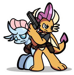 Size: 1191x1217 | Tagged: safe, artist:derp pone, ocellus, smolder, changedling, changeling, dragon, g4, big hooves, dragoness, duo, duo female, female, gun, resident evil, resident evil 4, simple background, video game, weapon, white background