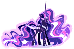 Size: 2056x1362 | Tagged: safe, artist:gihhbloonde, alicorn, pony, blue eyes, colored eyelashes, colored wings, colored wingtips, ethereal hair, ethereal mane, ethereal tail, female, folded wings, fusion, fusion:nightmare rarity, fusion:twilight sparkle, helmet, hoof shoes, horn, long horn, mare, multicolored wings, nightmarified, not twilight sparkle, peytral, simple background, solo, sparkly mane, sparkly tail, standing, tail, transparent background, wings