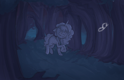 Size: 1120x722 | Tagged: safe, anonymous artist, misty brightdawn, butterfly, pony, unicorn, series:misty pov, g5, cornrows, dark, ears back, female, following, forest, jewelry, limited palette, mare, necklace, shaking, solo, unshorn fetlocks