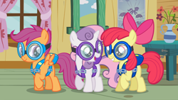 Size: 1920x1080 | Tagged: safe, screencap, apple bloom, scootaloo, sweetie belle, earth pony, pegasus, pony, unicorn, g4, just for sidekicks, apple bloom's bow, blank flank, bow, clubhouse, crusaders clubhouse, cute, cutie mark crusaders, female, filly, foal, hair bow, open mouth, open smile, raised hoof, smiling, trio