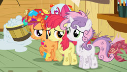 Size: 1920x1080 | Tagged: safe, screencap, apple bloom, scootaloo, sweetie belle, earth pony, pegasus, pony, unicorn, g4, just for sidekicks, apple bloom's bow, blank flank, bow, clubhouse, crusaders clubhouse, cute, cutie mark crusaders, female, filly, foal, hair bow, helmet, looking at someone, messy mane, raised hoof, scrapes, trio