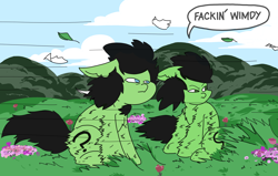 Size: 3508x2225 | Tagged: safe, artist:ponny, oc, oc:filly anon, earth pony, pony, cloud, colored, duo, duo female, female, filly, flower, foal, grass, grass field, high res, hill, speech bubble, text, wimdy meme