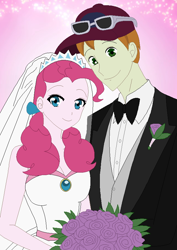 Size: 640x904 | Tagged: safe, artist:nathaniel718, coach rommel, pinkie pie, human, equestria girls, g4, anime style, cap, clothes, couple, female, hat, male, marriage, ship:rommelpie, shipping, tuxedo, wedding