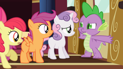 Size: 1920x1080 | Tagged: safe, screencap, apple bloom, scootaloo, spike, sweetie belle, dragon, earth pony, pegasus, pony, unicorn, g4, just for sidekicks, apple bloom's bow, blank flank, bow, cutie mark crusaders, female, filly, foal, group, hair bow, quartet, raised hoof