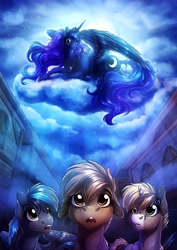 Size: 2896x4096 | Tagged: safe, artist:lupiarts, princess luna, alicorn, pony, children of the night, g4, canterlot, cloud, ethereal mane, female, high res, male, outdoors, starry mane, town