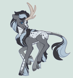 Size: 1873x1991 | Tagged: safe, artist:enderbee, oc, oc only, oc:charcoal, kirin, chest fluff, cloven hooves, colored, flat colors, full body, hooves, horn, kirin oc, request, simple background, sketch, smiling, solo, tail