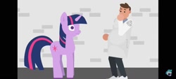 Size: 1600x720 | Tagged: safe, artist:scp explained - story & animation, twilight sparkle, human, unicorn, g4, brony, door, duo, female, logo, male, scientist, scp, scp explained, scp foundation, spoilers for another series, toy, unicorn twilight, youtube link