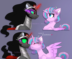 Size: 1831x1500 | Tagged: safe, artist:taiweiart, king sombra, princess flurry heart, alicorn, pony, unicorn, g4, 2 panel comic, blushing, boop, comic, cute, duo, duo male and female, female, flurrybetes, glowing, glowing horn, horn, i can't believe it's not magnaluna, male, mare, noseboop, nuzzling, older, older flurry heart, snuggling, stallion, uncle sombra