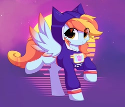 Size: 2541x2160 | Tagged: oc name needed, safe, artist:verlista, oc, oc only, pegasus, pony, clothes, female, high res, hoodie, looking at you, mare, retrowave, solo, soundwave, spread wings, transformers, wings, yellow eyes