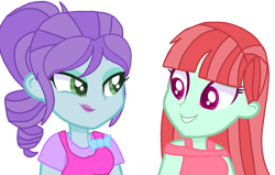 Size: 1917x1220 | Tagged: safe, artist:rainbowstarcolour262, crystal lullaby, melon mint, human, equestria girls, g4, alternate clothes, background human, clothes, duo, duo female, female, looking at each other, looking at someone, ponytail, shirt, simple background, sleeveless, sleeveless shirt, smug, transparent background