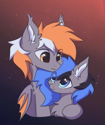 Size: 1010x1200 | Tagged: safe, artist:verlista, oc, unnamed oc, bat pony, bat pony oc, bat wings, blue eyes, brother and sister, cute, duo, eye contact, female, gradient background, looking at each other, looking at someone, male, siblings, smiling, wings, yellow eyes