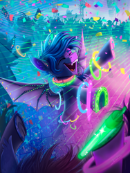 Size: 3256x4341 | Tagged: safe, artist:helmie-art, oc, oc only, oc:guttatus, bat pony, pony, bat pony oc, bat wings, eyebrows, eyes closed, glow rings, glowstick, high res, male, neon, open mouth, open smile, rave, smiling, solo focus, spread wings, stallion, wings