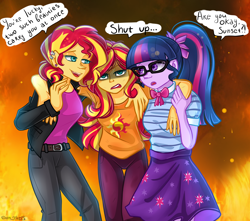 Size: 2100x1856 | Tagged: safe, artist:yuris, sci-twi, sunset shimmer, twilight sparkle, human, equestria girls, g4, my little pony equestria girls: better together, breasts, busty sci-twi, busty sunset shimmer, clone, dialogue, female, human sunset, implied lesbian, implied scitwishimmer, implied selfcest, implied shipping, implied sunsetsparkle, open mouth, paradox, self paradox, signature, simple background, smiling, trio