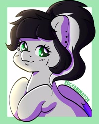 Size: 2000x2500 | Tagged: safe, artist:edgyanimator, oc, oc only, oc:lunar dash, pegasus, pony, bangs, black and white hair, black and white mane, black hair, black mane, bust, cel shading, colored wings, cross, cute, cute smile, digital art, ear piercing, eyelashes, female, firealpaca, fluffy hair, folded wings, gray coat, green eyes, high res, hooves together, light, looking at you, mare, multicolored wings, ocbetes, pegasus oc, piercing, ponytail, portrait, shading, signature, simple, simple background, simple shading, smiling, solo, tattoo, white background, wingding eyes, wings