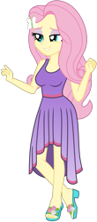 Size: 4131x9362 | Tagged: safe, artist:emeraldblast63, fluttershy, human, equestria girls, g4, breasts, clothes, dress, eyeshadow, feet, female, makeup, purple dress, sandals, simple background, sleeveless, solo, toes, transparent background