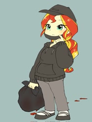 Size: 1536x2048 | Tagged: safe, artist:cheesesauce_45, sunset shimmer, human, equestria girls, g4, blood, cap, clothes, hat, hoodie, mask, solo