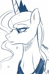 Size: 1362x2048 | Tagged: safe, artist:maren, princess luna, alicorn, pony, g4, bust, doodle, frown, monochrome, signature, simple background, sketch, solo, sternocleidomastoid, white background