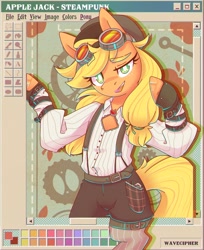 Size: 1589x1944 | Tagged: safe, artist:wavecipher, applejack, earth pony, pony, g4, aesthetics, clothes, goggles, looking at you, ms paint, smiling, smirk, solo, standing on two hooves, steampunk, suspenders, webcore