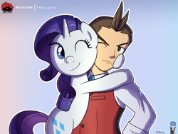 Size: 1000x750 | Tagged: safe, artist:thealjavis, rarity, human, pony, unicorn, elements of justice, g4, ace attorney, apollo justice, commissioner:imperfectxiii, crossover, crossover shipping, female, hug, male, one eye closed, shipping, signature, simple background, straight, trio, trucy wright, varying degrees of want, wink
