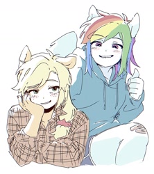 Size: 1246x1402 | Tagged: safe, artist:723, applejack, rainbow dash, earth pony, pegasus, anthro, g4, clothes, female, hoodie, human facial structure, lesbian, lip bite, one ear down, ship:appledash, shipping, simple background, smiling, white background