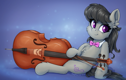 Size: 2185x1401 | Tagged: safe, artist:zeepheru_pone, octavia melody, earth pony, pony, g4, bow (instrument), bowtie, cello, chest fluff, cute, ear fluff, female, looking at you, mare, musical instrument, signature, sitting, smiling, smiling at you, solo, tavibetes
