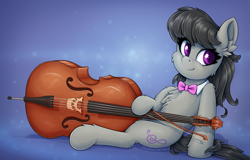 Size: 2185x1401 | Tagged: safe, alternate version, artist:zeepheru_pone, octavia melody, earth pony, pony, g4, bow (instrument), bowtie, chest fluff, cute, double bass, ear fluff, female, looking at you, mare, musical instrument, sitting, smiling, solo, tavibetes