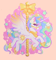 Size: 1356x1458 | Tagged: safe, artist:necromeowncer, princess celestia, alicorn, pony, g4, bow, bridle, carousel, female, flower, looking at you, pole, solo, spread wings, wings