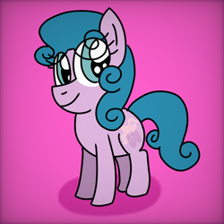 Size: 1280x1280 | Tagged: safe, artist:danielthebrony57, baby half note, earth pony, pony, g1, g4, baby, baby hawwlf note, baby pony, cute, eye clipping through hair, female, filly, foal, g1 to g4, generation leap, magenta background, simple background, smiling, solo, that was fast