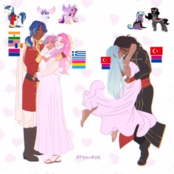 Size: 2048x2048 | Tagged: safe, alternate version, artist:cryweas, idw, king sombra, princess cadance, princess flurry heart, radiant hope, shining armor, alicorn, human, pony, unicorn, g4, alternate hairstyle, american flag, baby, baby pony, barefoot, bedroom eyes, belt, bisexual pride flag, boop, boots, bracelet, cape, clothes, coat, cute, cyrillic, dark skin, dress, ear piercing, earring, elf ears, eyeshadow, father and child, father and daughter, feet, female, filly, foal, freckles, gloves, grin, high res, hug, humanized, indian, jewelry, lipstick, looking at each other, looking at someone, makeup, male, mare, mother and child, mother and daughter, necklace, one eye closed, pansexual, pansexual pride flag, pants, piercing, ponytail, pride, pride flag, sandals, ship:hopebra, ship:shiningcadance, shipping, shirt, shoes, simple background, smiling, soles, stallion, straight, suit, translation request, turkey (country), white background, wink