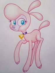 Size: 3024x4032 | Tagged: safe, artist:ivanstrelnikov_, pom (tfh), lamb, sheep, them's fightin' herds, bell, bell collar, cloven hooves, collar, colored pencil drawing, community related, frown, full body, looking at you, no pupils, raised hoof, simple background, traditional art, white background