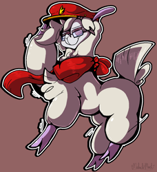 Size: 986x1079 | Tagged: safe, artist:malachimoet, oc, oc only, oc:nonameorous, alpaca, them's fightin' herds, brown background, cap, clothes, cloven hooves, community related, glasses, hat, looking at you, raised hoof, scarf, simple background, smiling, solo, tfh oc