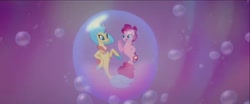 Size: 1600x668 | Tagged: safe, screencap, pinkie pie, princess skystar, earth pony, seapony (g4), g4, my little pony: the movie, blue eyes, blue mane, blue tail, bubble, crepuscular rays, dancing, dorsal fin, duo, female, fin, fin wings, fins, fish tail, flower, flower in hair, flowing mane, flowing tail, in bubble, jewelry, looking at each other, looking at someone, mare, necklace, ocean, one small thing, open mouth, open smile, pearl necklace, pink mane, pink tail, scales, seaponified, seapony pinkie pie, seaquestria, seashell necklace, smiling, smiling at each other, species swap, swimming, tail, underwater, water, wings