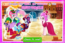 Size: 1967x1302 | Tagged: safe, gameloft, fluttershy, pinkie pie, rainbow dash, rarity, sassy-parilla, twilight sparkle, alicorn, earth pony, pegasus, pony, unicorn, g4, my little pony: magic princess, advertisement, clothes, collection, dress, english, feather, female, folded wings, group, hairband, hat, horn, mare, mobile game, spread wings, text, twilight sparkle (alicorn), wings