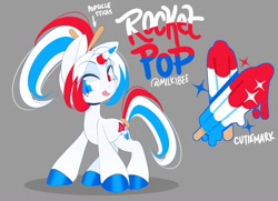 Size: 1200x869 | Tagged: safe, artist:zombie, oc, oc only, oc:rocketpop, food pony, pony, unicorn, adoptable, cutie mark, food, freckles, heterochromia, hooves, horn, licking, licking lips, looking at you, ponified, ponytail, popsicle, solo, tongue out, unicorn oc