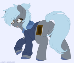 Size: 1200x1023 | Tagged: safe, artist:higglytownhero, oc, oc only, earth pony, pony, butt, clothes, earth pony oc, hoodie, male, plot, simple background, solo