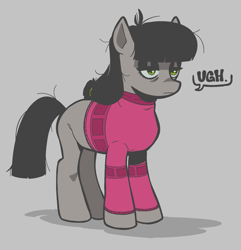 Size: 1147x1189 | Tagged: safe, artist:nyoolie, oc, oc only, oc:penn, earth pony, pony, clothes, dialogue, earth pony oc, eyeshadow, female, gray background, lidded eyes, makeup, mare, ponified, ponified oc, simple background, solo, sweater, ugh, unamused