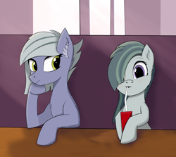 Size: 2232x1995 | Tagged: safe, artist:tempestshine, limestone pie, marble pie, earth pony, pony, g4, cute, drink, duo, ear fluff, female, hair over one eye, marblebetes, mare, pie sisters, siblings, sisters, straw