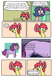 Size: 2663x3815 | Tagged: safe, artist:punkittdev, apple bloom, oc, oc:mr glazeheart, oc:mrs glazeheart, earth pony, pony, unicorn, g4, body writing, comic, concave belly, cutie mark, dialogue, editorial cutie mark, female, filly, foal, high res, implied assassination, male, mare, oblivious, ronald reagan, stallion, text