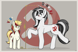 Size: 4500x3000 | Tagged: safe, artist:marusya, oc, oc only, oc:schworz, oc:vega pakhomenko, pony, unicorn, chest fluff, communism, concave belly, hammer and sickle, height difference, horn, magic, measuring tape, raised hoof, raised leg, simple background, size difference, sternocleidomastoid, tall, telekinesis