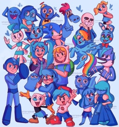 Size: 1916x2048 | Tagged: safe, artist:starblack_20, rainbow dash, alien, bird, blue jay, cat, gem (race), hedgehog, human, pegasus, penguin, pony, robot, skunk, wobbuffet, zbornak, anthro, g4, adventure time, anime, anthro with ponies, bloo (foster's), blue, bone, boyfriend (friday night funkin), bubbles (powerpuff girls), crossover, cuphead, cute, dashabetes, female, finn the human, five nights at freddy's, foster's home for imaginary friends, friday night funkin', gumball watterson, happy tree friends, hatsune miku, imaginary friend, inside out, jammbonian, jelly jamm, jenny wakeman, leek, light blue background, male, mare, mega man, mega man (series), mina (jelly jamm), mordecai, mugman, my life as a teenage robot, mystery skulls, pablo, petunia (happy tree friends), pokémon, regular show, sadness (inside out), sans (undertale), sapphire (steven universe), signature, simple background, skeleton, smiling, sonic the hedgehog, sonic the hedgehog (series), standing, steven universe, sylvia (wander over yonder), the amazing world of gumball, the backyardigans, the powerpuff girls, toy bonnie, undertale, vivi, vocaloid, wall of tags, wander over yonder, watermark