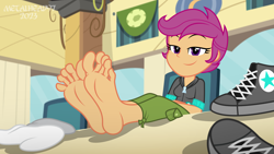 Size: 8000x4500 | Tagged: safe, artist:metalhead97, scootaloo, human, equestria girls, g4, barefoot, cafeteria, chair, clothes, commission, converse, cute, cutealoo, eyebrows, feet, feet on table, fetish, foot fetish, foot focus, lidded eyes, older, older scootaloo, presenting, raised eyebrow, reclining, shoes, show accurate, sitting, smiling, smirk, smug, socks, soles, solo, toes