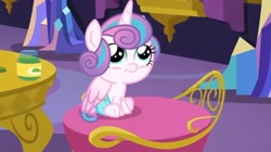 Size: 2160x1210 | Tagged: safe, screencap, princess flurry heart, alicorn, pony, a flurry of emotions, g4, baby, baby food, baby pony, chair, cute, female, flurrybetes, happy, jar, mashed peas, sitting, smiling, solo, table, twilight's castle
