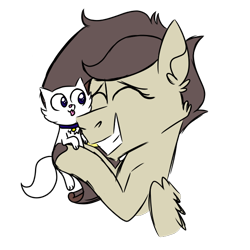 Size: 600x600 | Tagged: safe, artist:fuckomcfuck, oc, oc:paper fashion, cat, pegasus, pony, bust, eyes closed, grin, hug, offspring, parent:oc:doodles, parent:rarity, parents:canon x oc, simple background, smiling, tongue out, transparent background